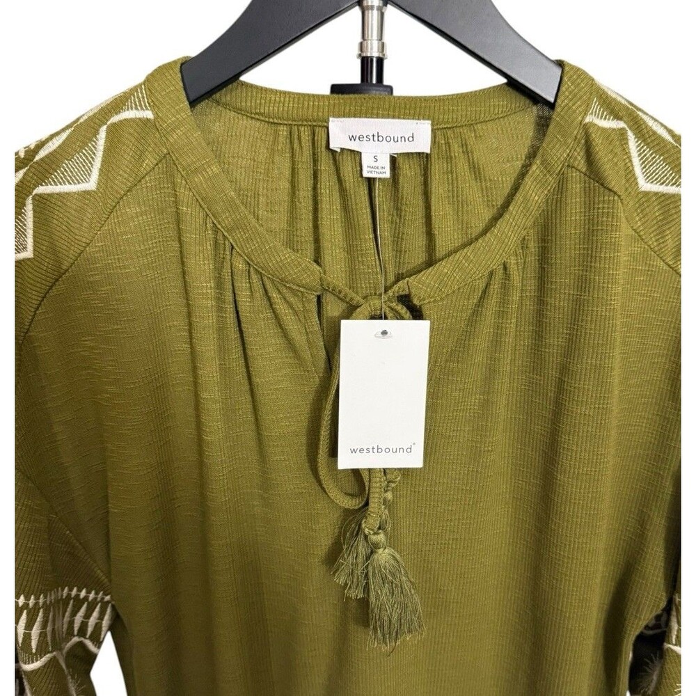 NWT Westbound S Small Olive Green Embroidered Ribbed Knit 3/4 Sleeve Peasant Top - Picture 4 of 10